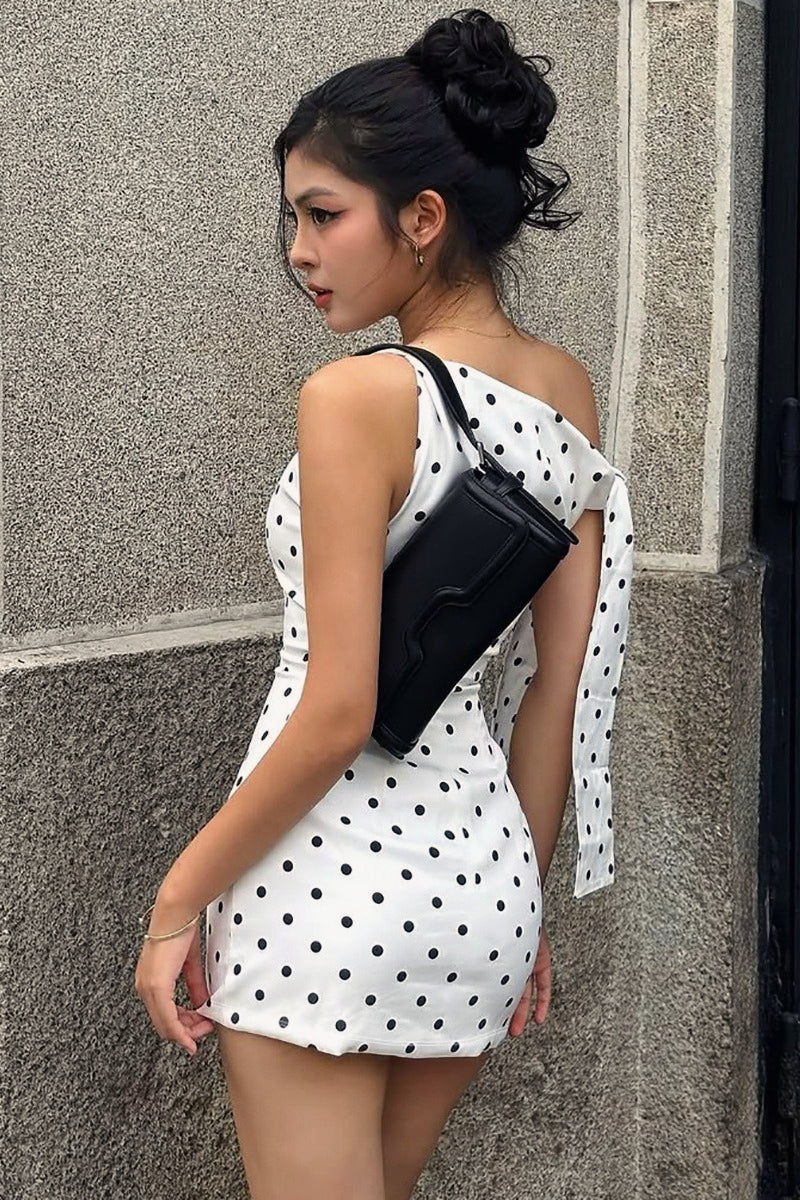 Boat Neck Polka Dot Asymmetric Shoulder Tie Detail Bodycon Mini Dress