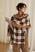 Faux Cashmere Double-Sided Heart Plaid Fringed Scarf