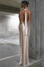 Satin Cowl Neck Halter Choker Ruched High Split Maxi Gown