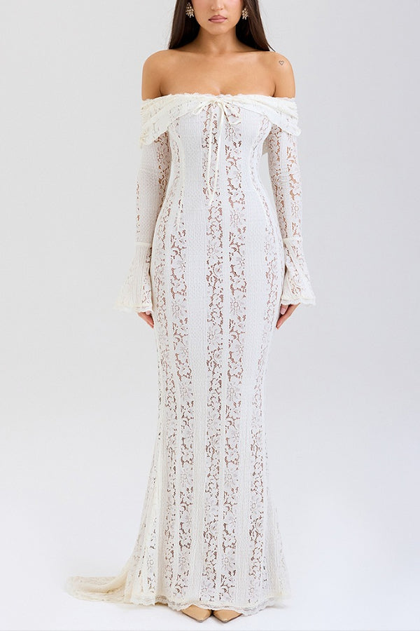 | Off Shoulder Floral Lace Flared Sleeve Fishtail Maxi Dress - White