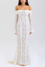| Off Shoulder Floral Lace Flared Sleeve Fishtail Maxi Dress - White