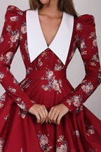 Contrast Collar Puff Sleeve Belted Ditsy Floral Print Midi Dress