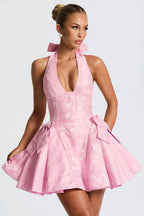 Pink Halter Deep V Neck Jacquard Floral Bow Detail Puff Skirt Mini Dress