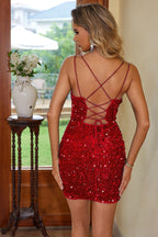Deep V-Neck Spaghetti Strap Sequin Bodycon Mini Dress