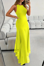 Solid Color Round Neck Sleeveless Slim Fit Sheer Patchwork Hem Maxi Dress