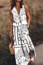 Letter Print Zipper Ring Pull V-Neck Side Slit Maxi Dress