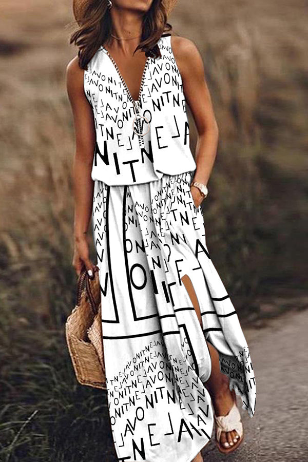 Letter Print Zipper Ring Pull V-Neck Side Slit Maxi Dress