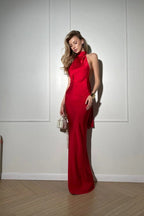 Satin Halter Neck High Neck Backless Slip Column Maxi Dress