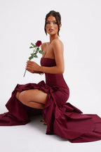 Strapless Corset Bustier High Split Ruffle Hem Maxi Dress
