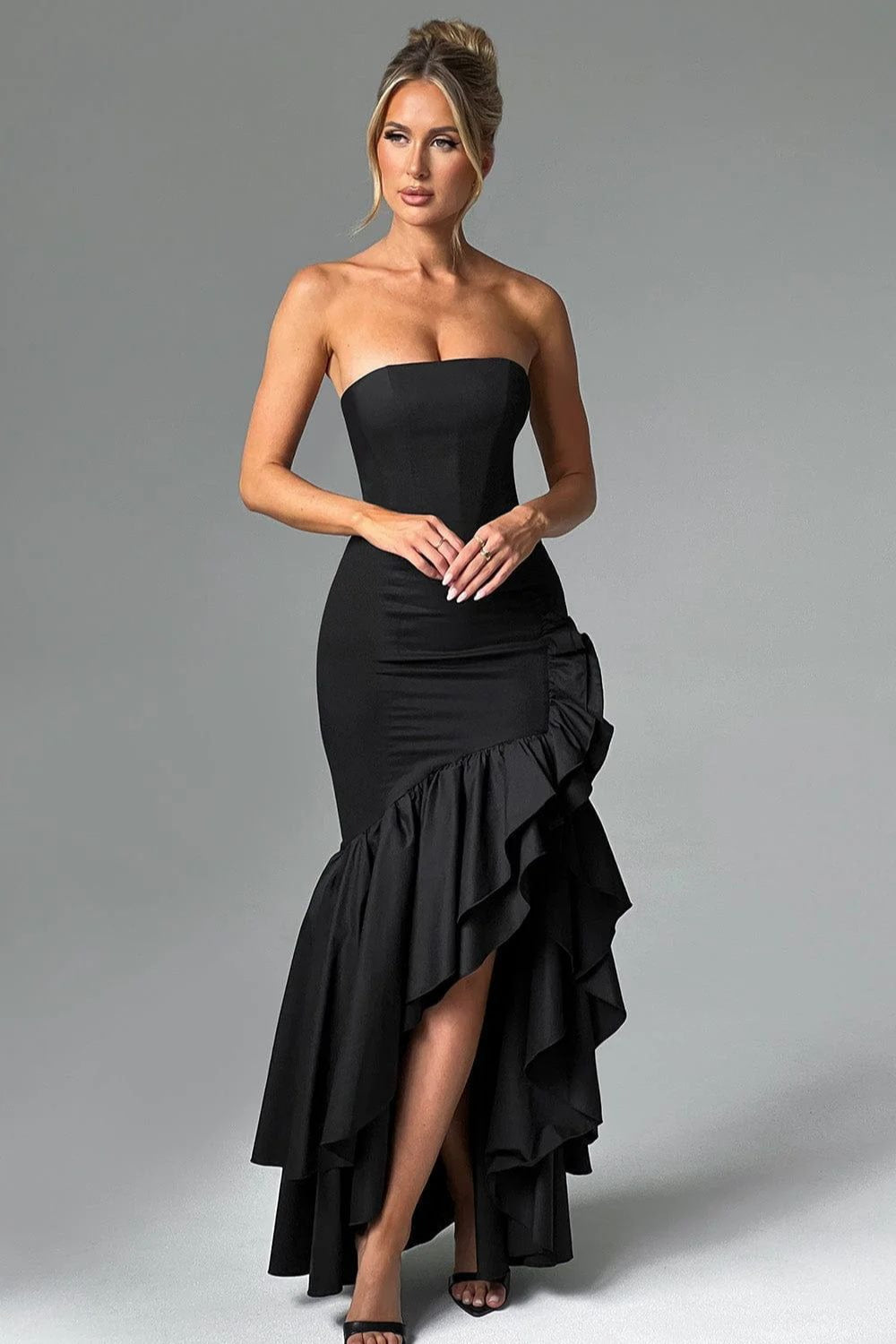 Strapless Corset Bustier High Split Ruffle Hem Maxi Dress