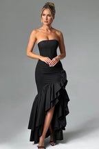 Strapless Corset Bustier High Split Ruffle Hem Maxi Dress