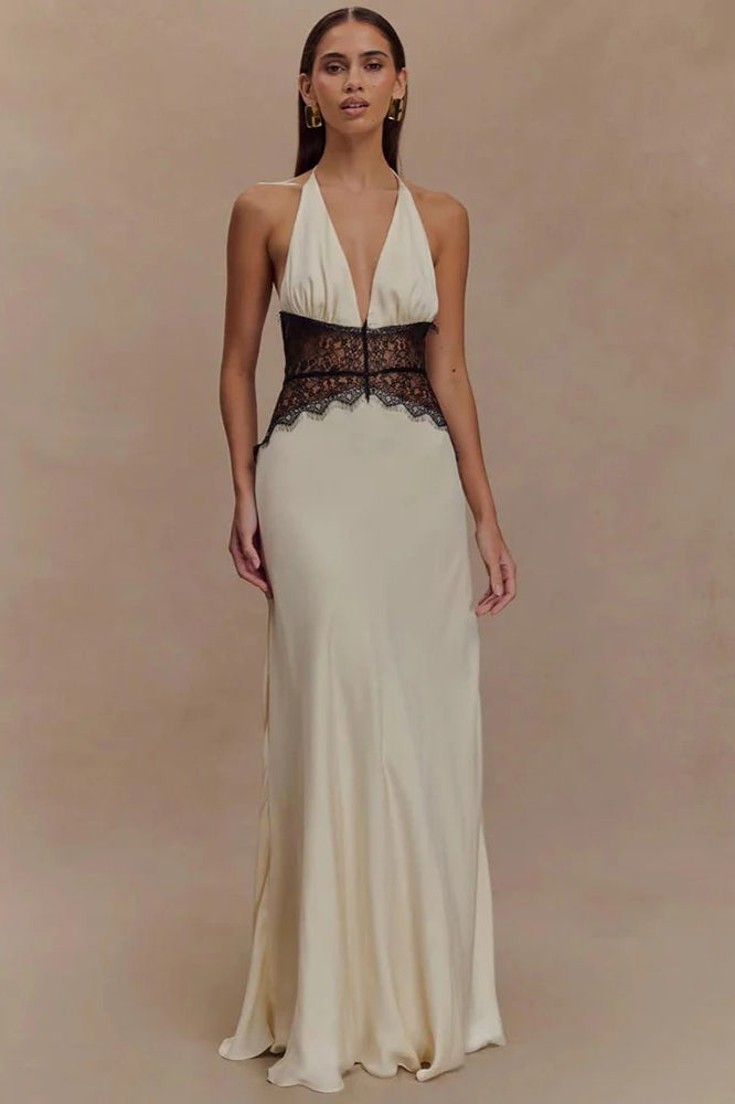 Lace Patchwork Backless Halter Dress