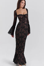 Square Sweetheart Tie Front Floral Lace Long Bell Sleeve Paneled Maxi Dress
