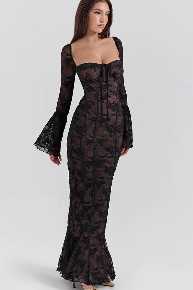 Square Sweetheart Tie Front Floral Lace Long Bell Sleeve Paneled Maxi Dress