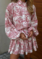 Mock Neck Puff Sleeve Toile Print Button Front Tie Waist Mini Dress