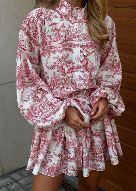 Mock Neck Puff Sleeve Toile Print Button Front Tie Waist Mini Dress