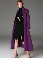 Wool Blend Coat Burgundy Belted Stand Collar Slim Fit Winter Outerwear For Women In Solid Color 2026