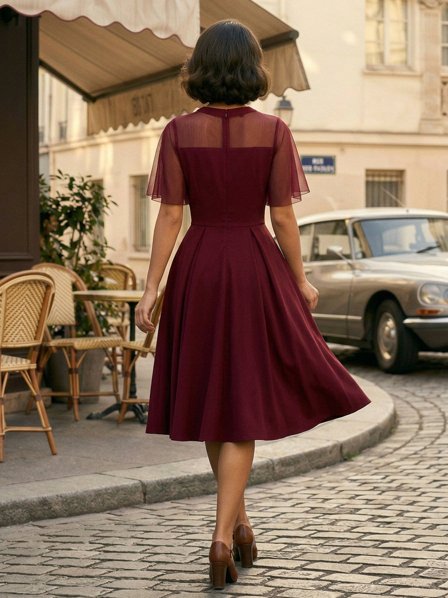 Mesh Patchwork Sheer Sleeve Round Neck Elegant Party Flare Dress For Women 2026