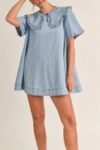 Solid Color Loose Short-sleeved Casual Ruffled Denim Mini Dress