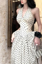 Polka Dot Halter Neck Deep V-Neck Corset Bodice Full A-Line Tulle Overlay Maxi Dress