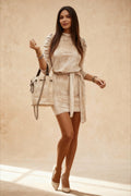 Velvet Mock Neck Puff Shoulder Tie Waist Mini Dress