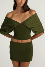 Sienna Olive Ruched Off-The-Shoulder 2-Piece Matching Set