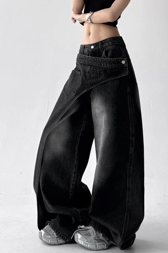 Asymmetric Panel Patchwork Wide Leg High Waist Jeans