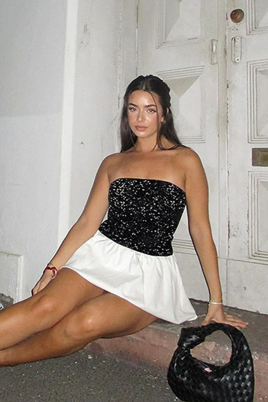 Strapless Sequin Bodice Pleated Pouf Bubble Hem Mini Dress