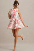 Floral Print Crew Neck Sleeveless Fit and Flare Skater Mini Dress