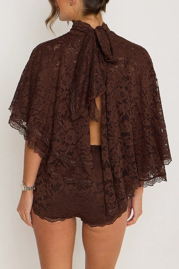 Stylish Openwork Lace Loose Top and Side Zipper Slim-fit Shorts Set