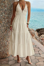 Deep V Neck Halter Smocked Waist Tiered Maxi Dress