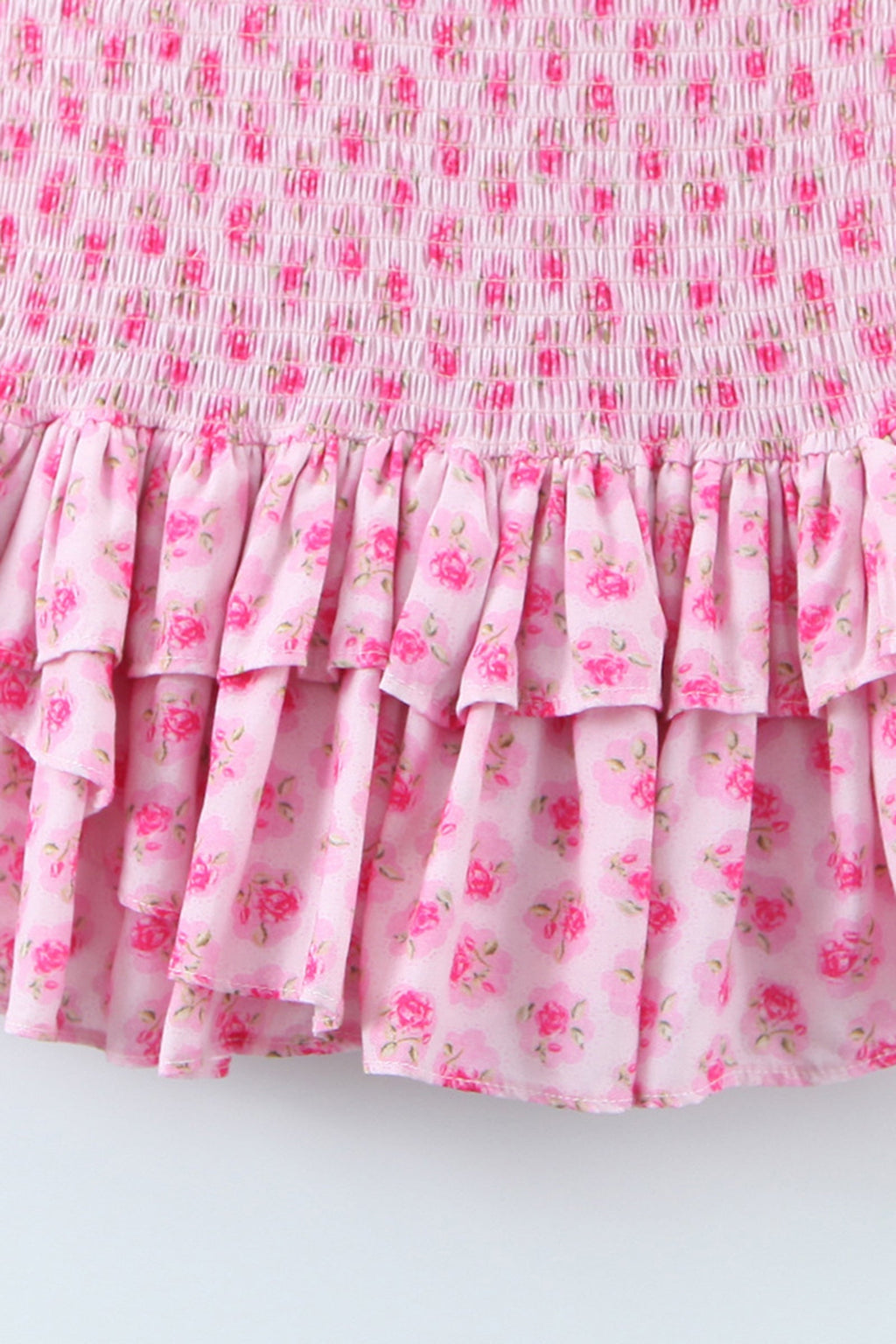 Smocked Square Neck Ruffle Trim Wide Strap Tiered Ditsy Floral Mini Dress
