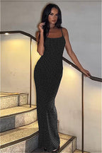 Polka Dot Square Neck Spaghetti Strap Knit Bodycon Maxi Dress