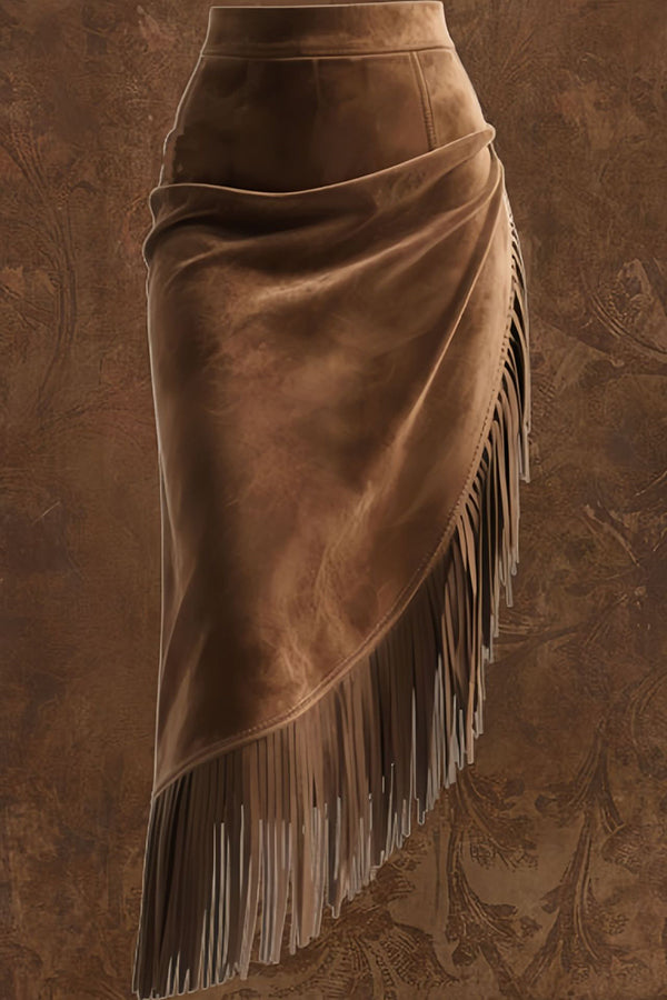 Fashionable Suede Tassel Irregular Casual Midi Skirt