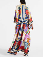 Deep V-Neck Scarf Print Kimono Sleeve Floral Maxi Dress