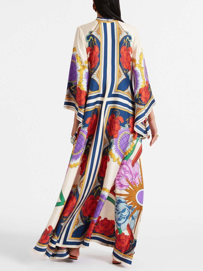 Deep V-Neck Scarf Print Kimono Sleeve Floral Maxi Dress