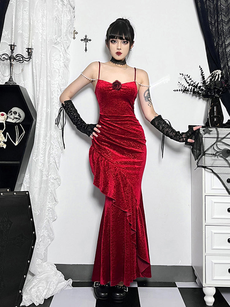 Floral Embossed Velvet Ruched Mermaid Gown with Pearl Shoulder Chains and Lace Up Arm Warmers Set