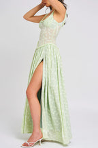 Floral Print Square Neck Corset Bodice High Split Flowy Maxi Dress