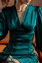 Satin Puff Sleeve Deep V Neck Pleated Bodice Mermaid Midi Dress