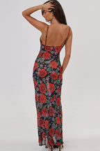 Red Spaghetti Strap Cowl Neck Floral Print Bodycon Maxi Dress