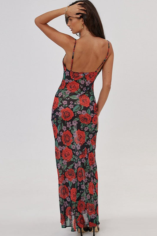 Red Spaghetti Strap Cowl Neck Floral Print Bodycon Maxi Dress