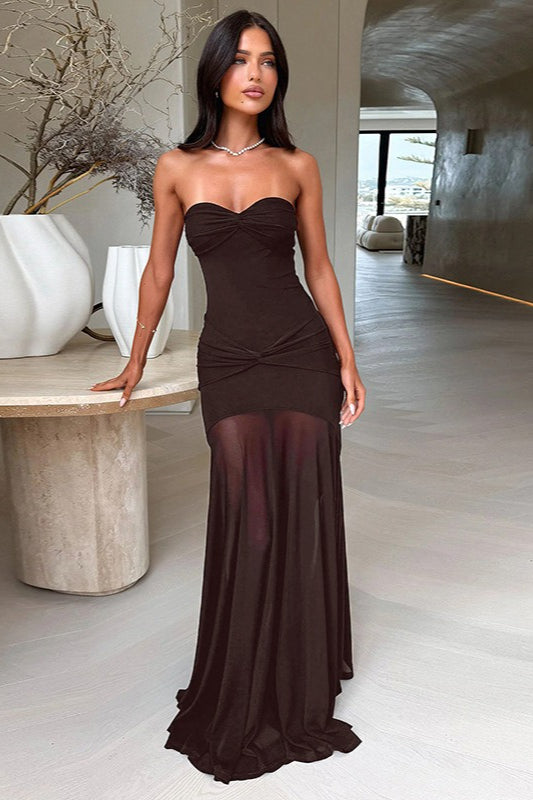 Strapless Twist Knot Bust Mesh Hem Mermaid Maxi Dress