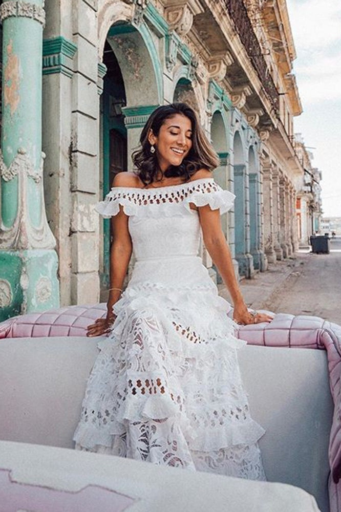 Lace Off Shoulder Ruffle Trim Eyelet Cut Out Tiered Maxi Dress