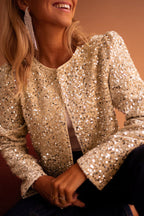 | Short jacket in gold sequined fleece with open front