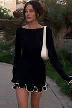 Boat Neck Long Sleeve Contrast Trim Lettuce Hem Knit Mini Dress