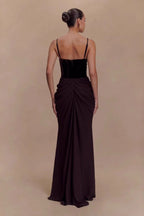 Mesh Panel Sweetheart Corset Basque Waist Draped Maxi Gown