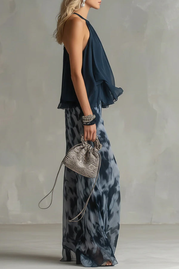 Navy Blue Camisole and Printed Wide-leg Chiffon Suit