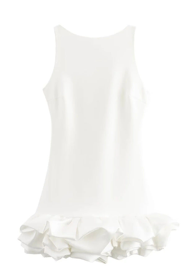 High Neck Sleeveless Sculpted Ruffle Bubble Hem Mini Dress