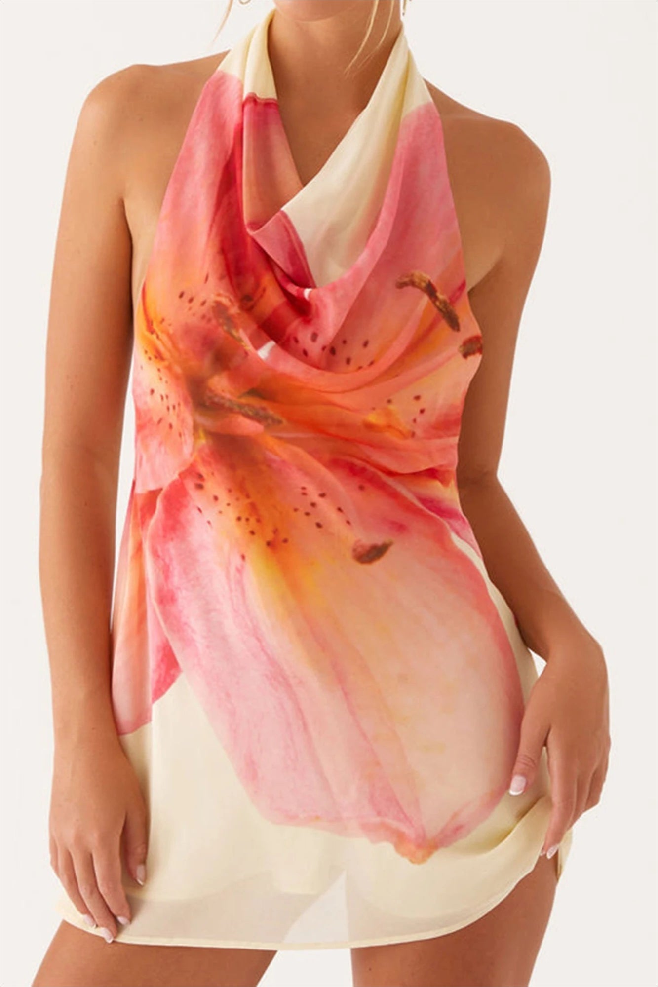 Floral Print Halter Neck Cowl Neck Backless Mini Dress