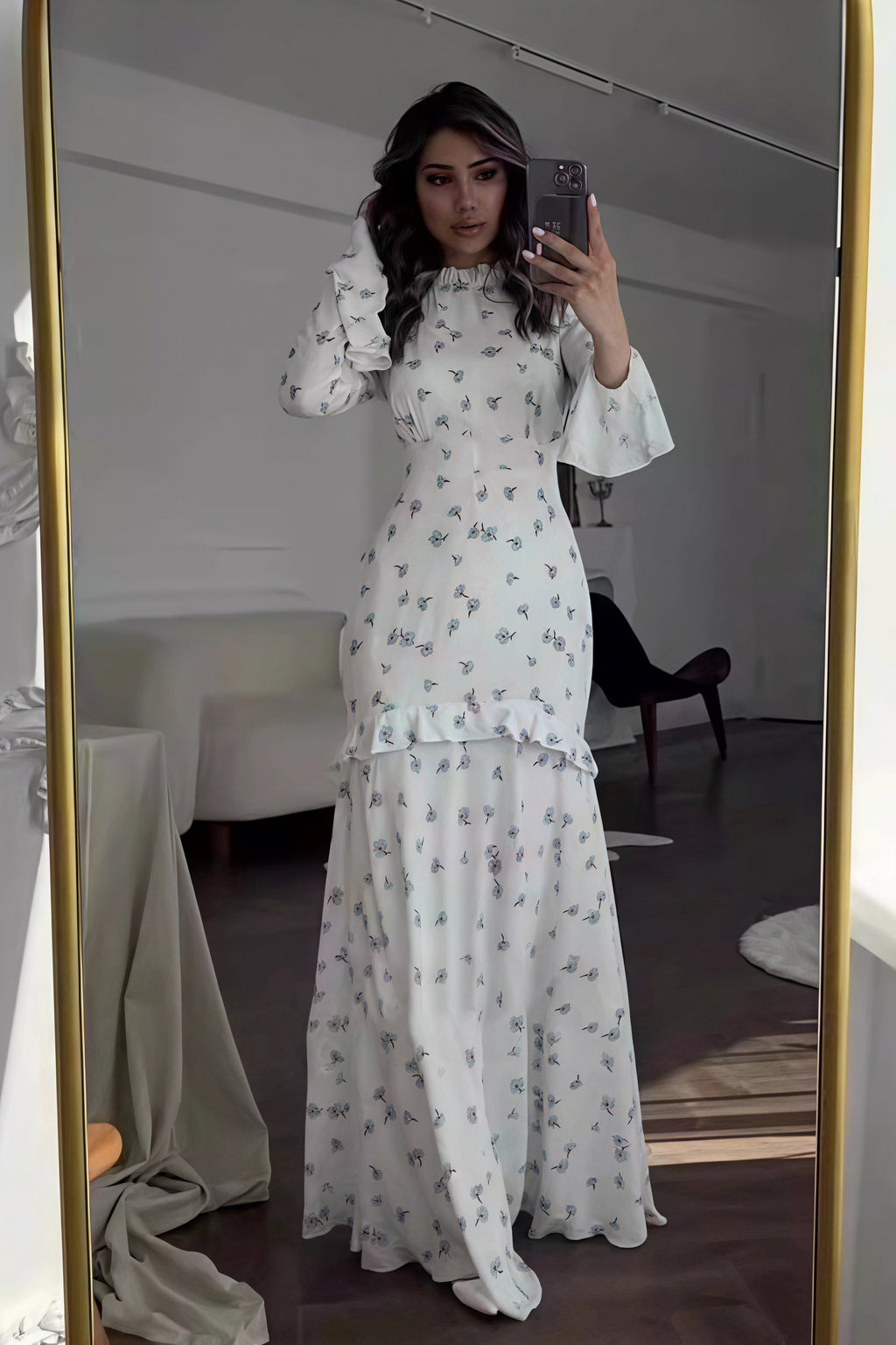 White Mock Neck Long Sleeve Bell Cuff Tiered Ruffle Ditsy Floral Maxi Dress